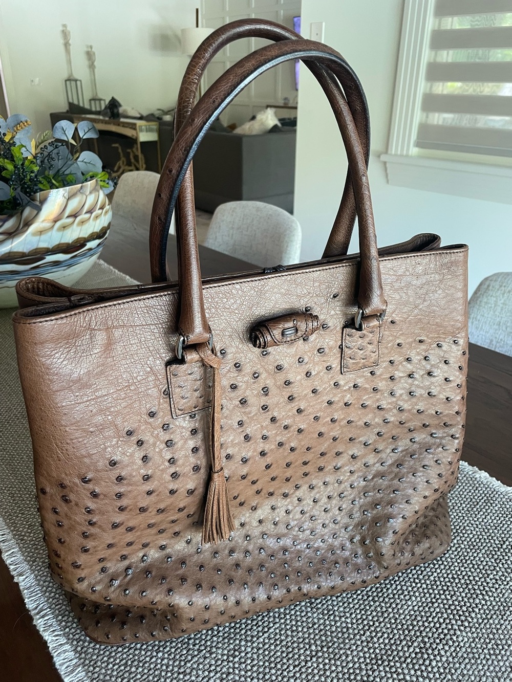 Fioredini REAL OSTRICH Leather Brown Studded Tote Bag with closure